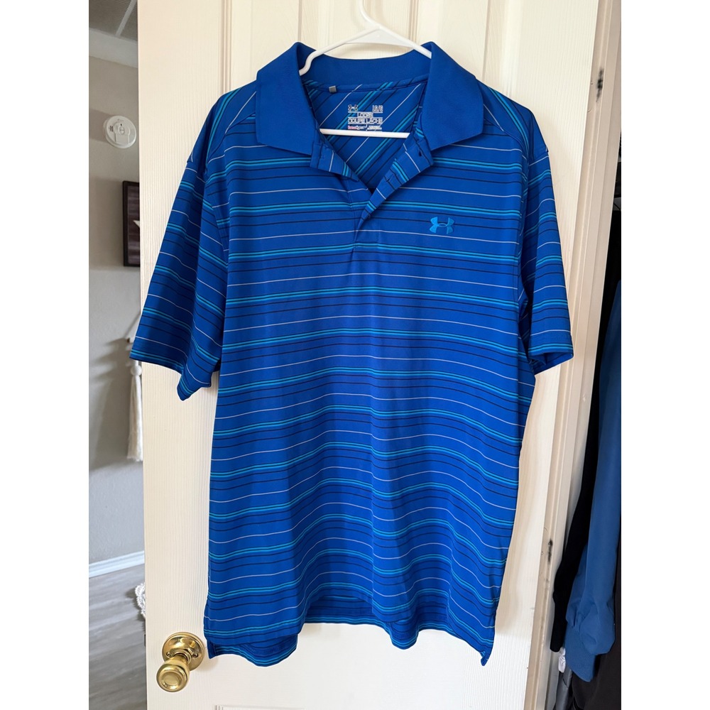 Under Armour Mens HeatGear Blue Striped‎ Golf Polo Shirt Loose Fit Large